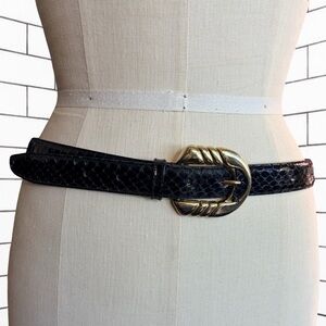 Vintage The Ritz Snakeskin Leather Belt Black Gold Buckle Women's M/L